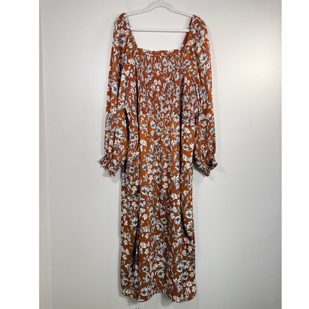 La Ligne x Target Womens 3X Floral Smocked Midi Dress Rust Orange Long Sleeve